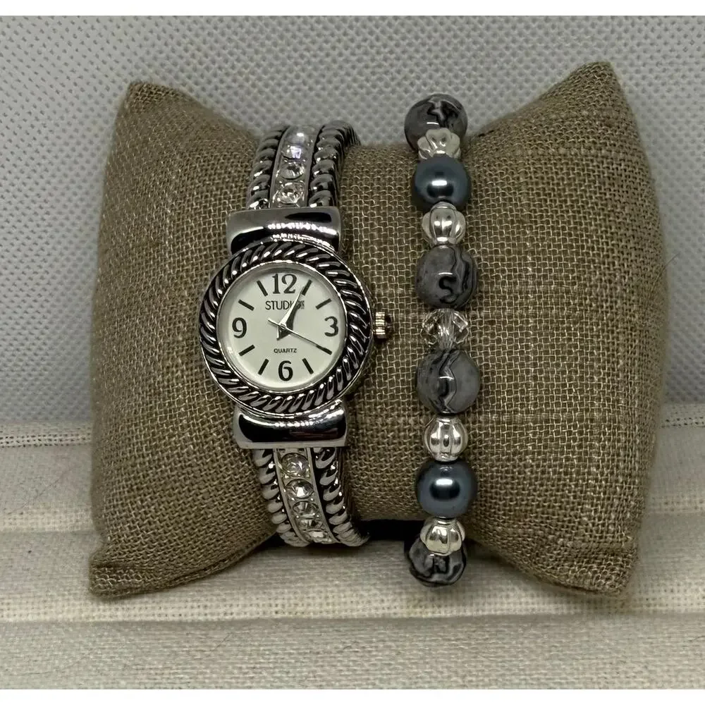 Studio Time Silver Cuff Watch NWT + Beaded Bracelet Set